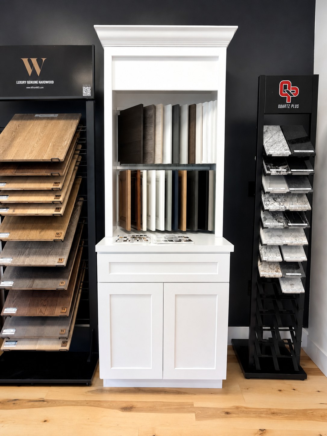 Cabinet finish and flooring sample towers in the showroom