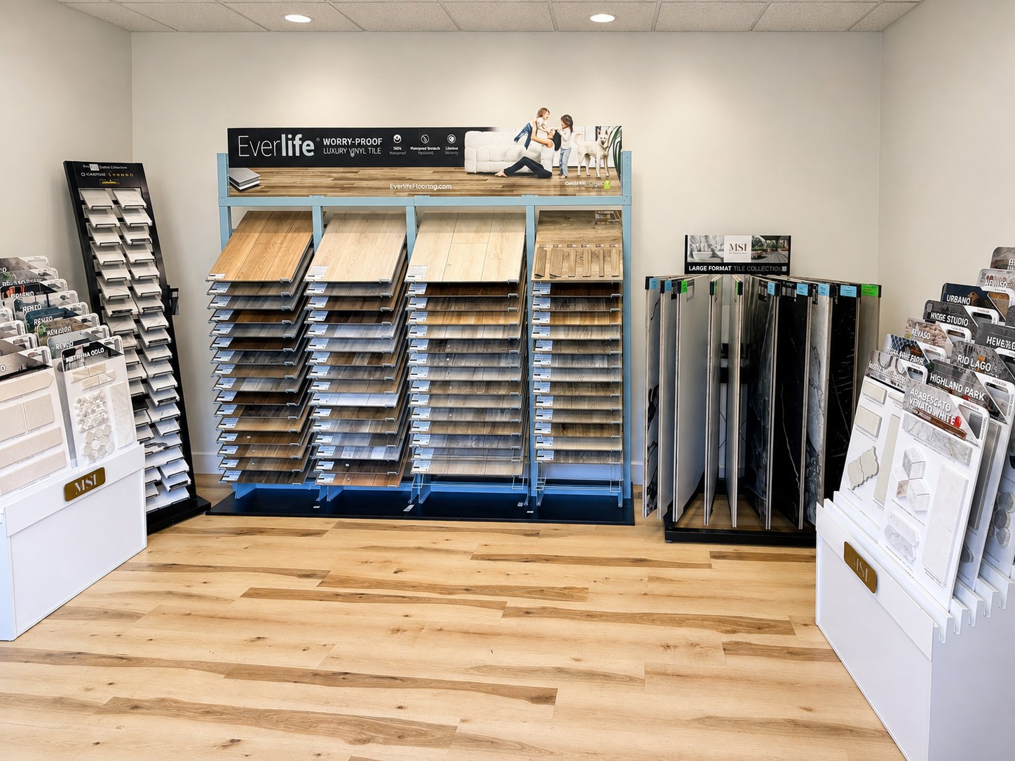Flooring and tile display wall inside the Nova showroom in Dover