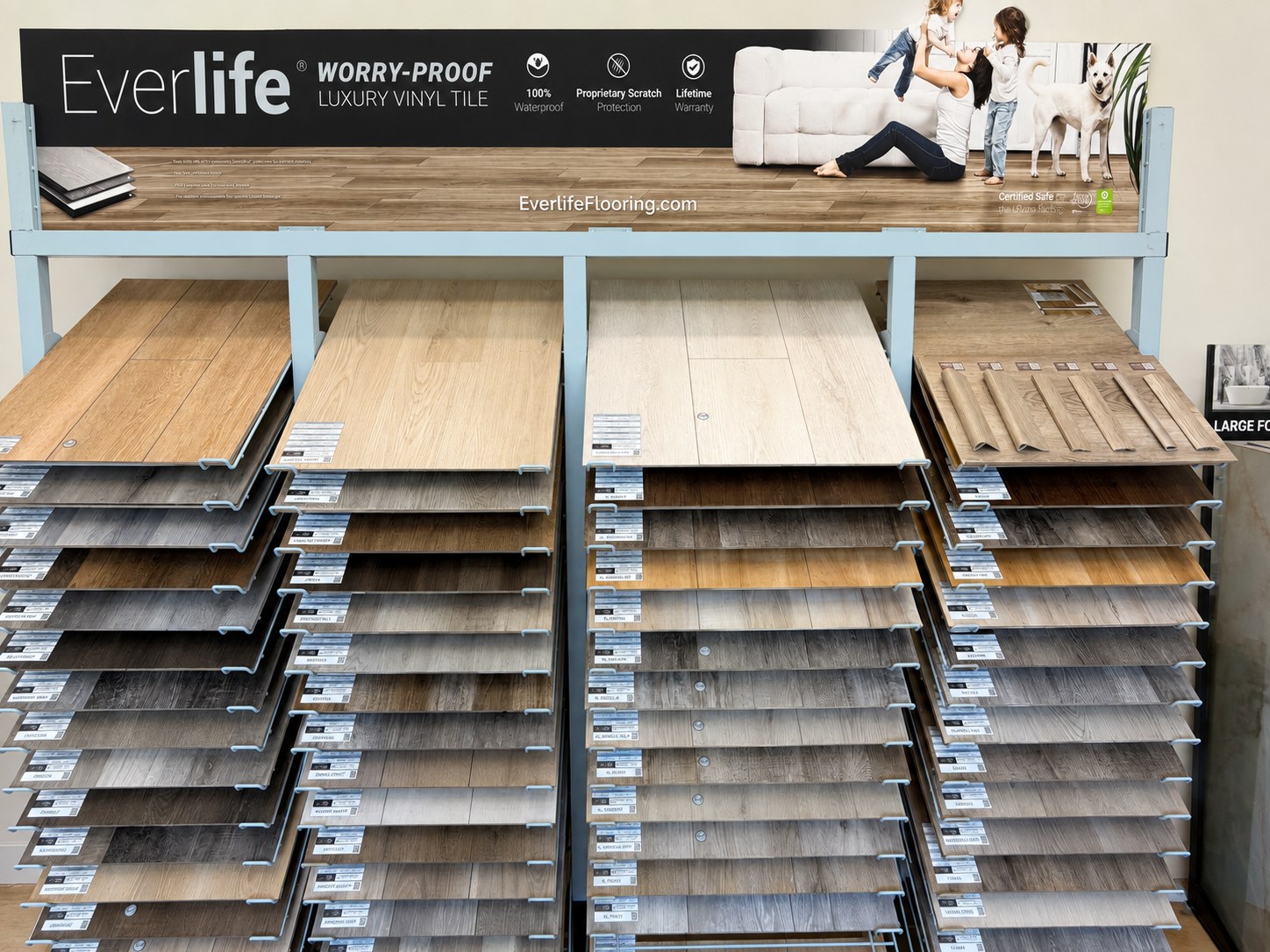 Flooring sample racks in the Nova showroom, boards you can pull and lay on the floor