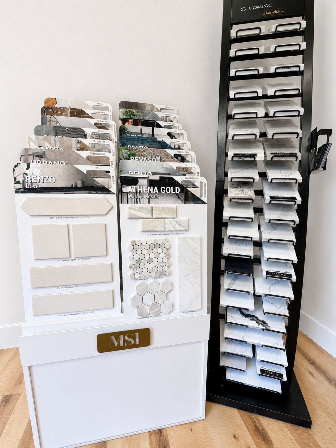 Backsplash mosaic and tile edge displays in the showroom