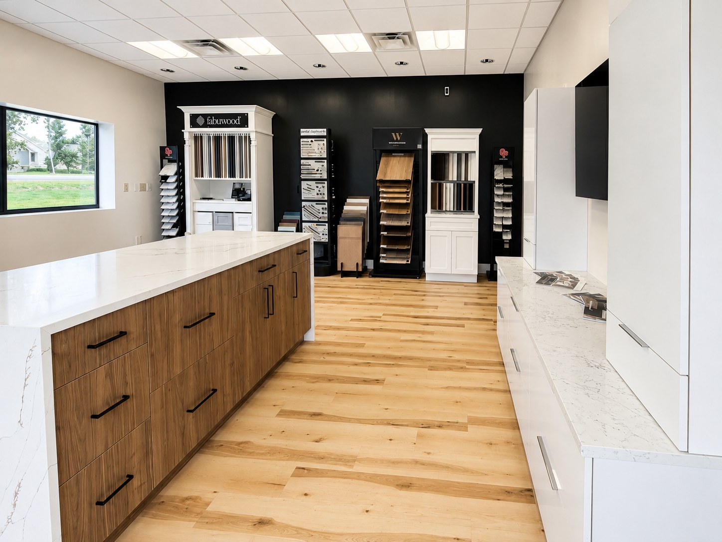 Inside the Nova showroom in Dover: display island, cabinet doors and finish samples